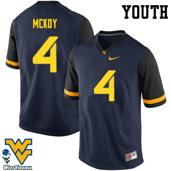 Youth #4 Kennedy McKoy West Virginia Mountaineers College Football Jerseys-Navy - Click Image to Close